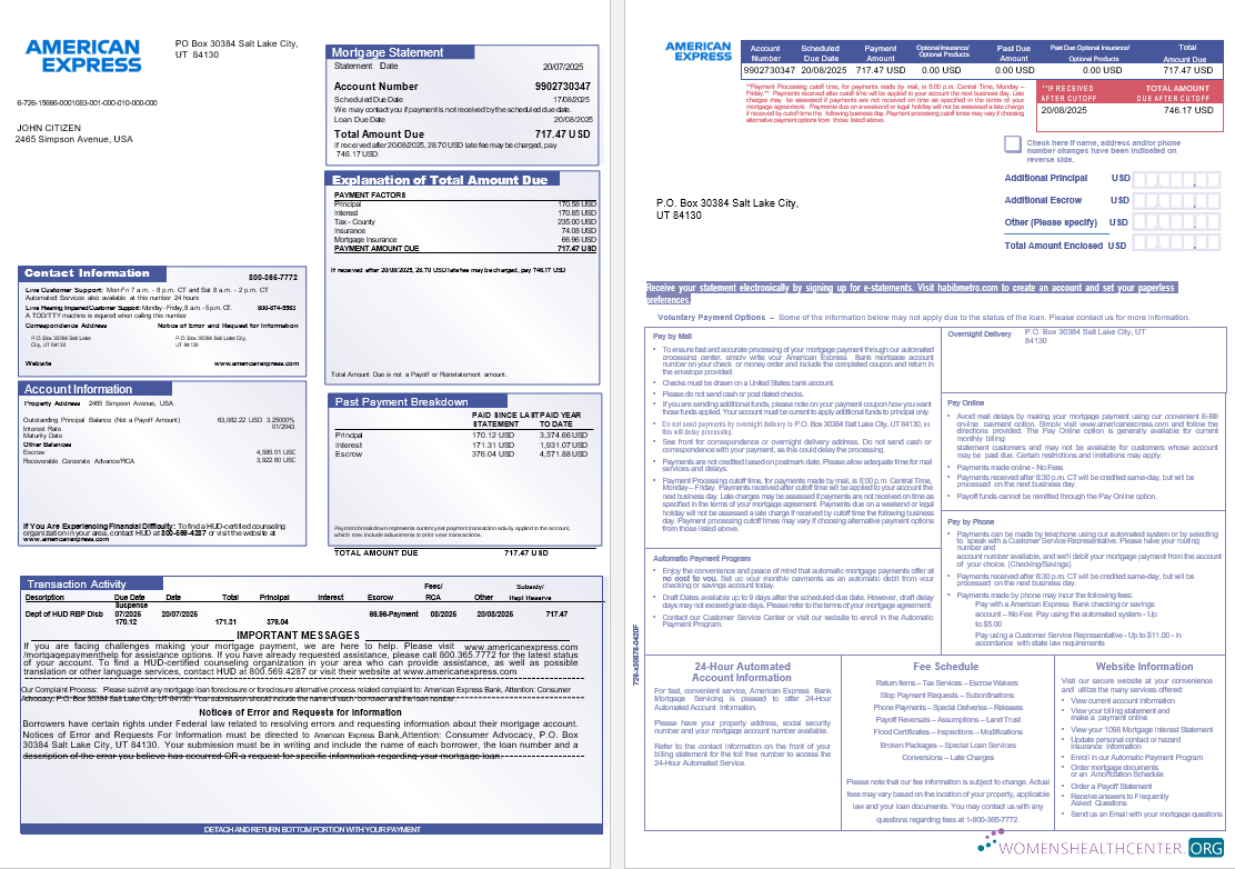 USA The American Express bank mortgage statement in Word and PDF formats, 3 pages 1 2